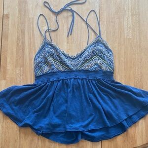 Free People Embroidered Blue Cropped Top Babydoll Boho y2k Style Size L